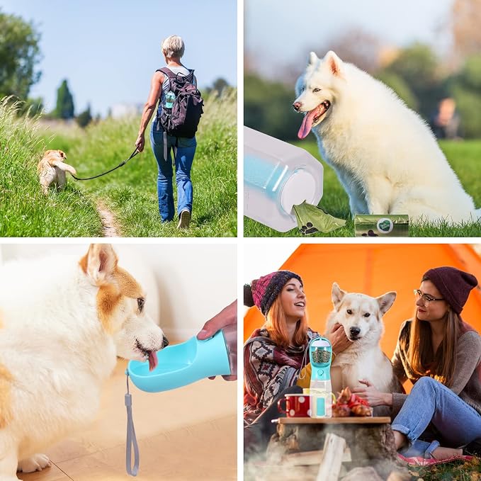 3-in-1 Portable Dog Water Bottle Dispenser,Crate with Food Container, Replaceable Waste Bags,Dog Stuff Accessories Items, Puppy Essentials Necessities,for Walking&Hiking(20oz-Blue)