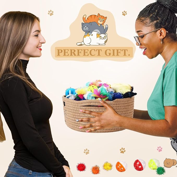 Zopeal 58 Pcs Summer Cat Storage Basket Gift Toys Set, Colorful Flashing Balls Pet Bell Crinkle Balls Spring Toys Attract Cat to Swat, Hunt, Interactive for Pet(Khaki,9.8 Inch)