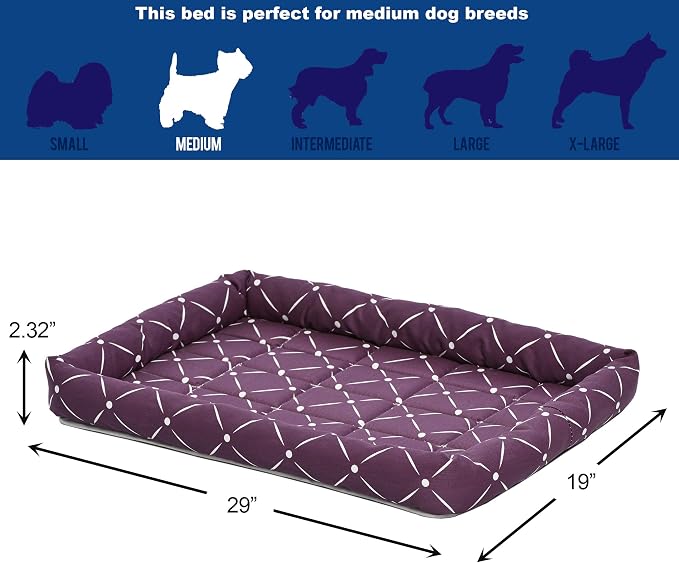 MidWest Homes for Pets 40230-PLD Quiet Time Couture Ashton Bolster Pet Bed, Intermediate Dog/30, Plum, Plum & White Diamond Pattern, 30-Inch