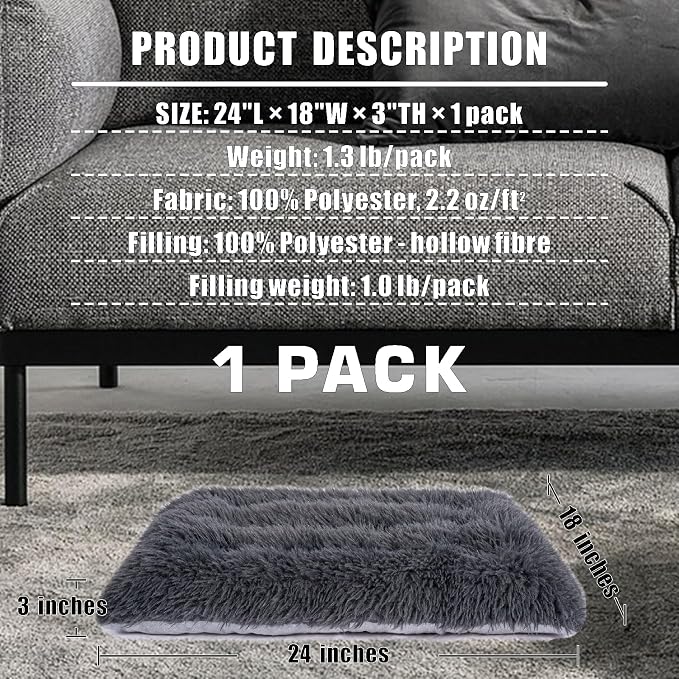 Machine Washable Dog Bed, Deluxe Plush Dog Crate Pad and Cat Bed, Anti-Slip Bottom Kennel Pad Mat, Fuzzy Pet Beds for Large, Medium, Small Dogs Breeds (Dark Grey, 24.0"L x 18.0"W x 3.0"Th x 1 PACK)