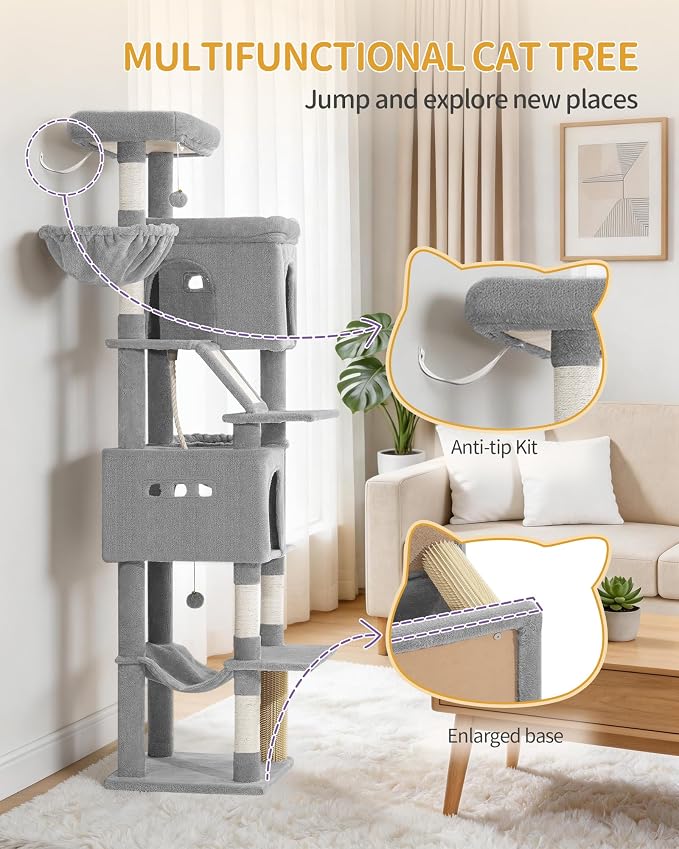 Hzuaneri Tall Cat Tree 75 Inch, Indoor Large Multi-Level Cat Tower | Cat Condo Furniture with 5 Scratching Post, 2 Hanging Basket, 2 Condo, 2 Large Platform, Pet Play House, Light Grey MS19018LG