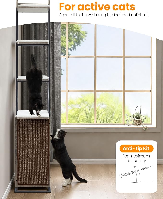Wood Modern Cat Tree Tower, 84 Inch XL Tall Indoor Large Cat Condo | Heavy Duty XL Stable Wooden Cat Condo House Furniture with Multi-Level Spacious Perch Scratching Board Soft Washable Pads