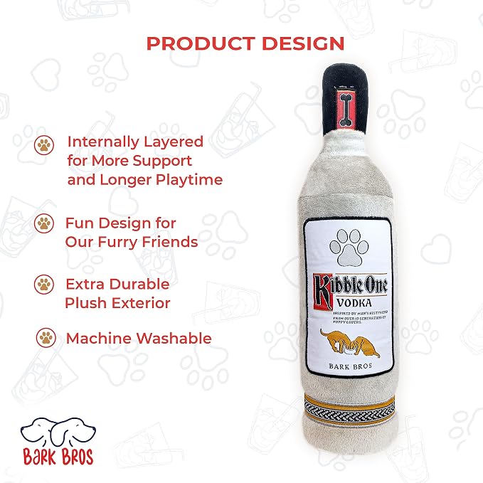 Bark Bros - Liquor Bottle Dog Toy - Plush Squeaky Dog Toys Funny Drink Parody - Alcohol Dog Toy - Dog Birthday Toy - Cute Dog Toys - Puppy Gifts - Puppy Stuff - Dog Stuff (Large, Kibble One)