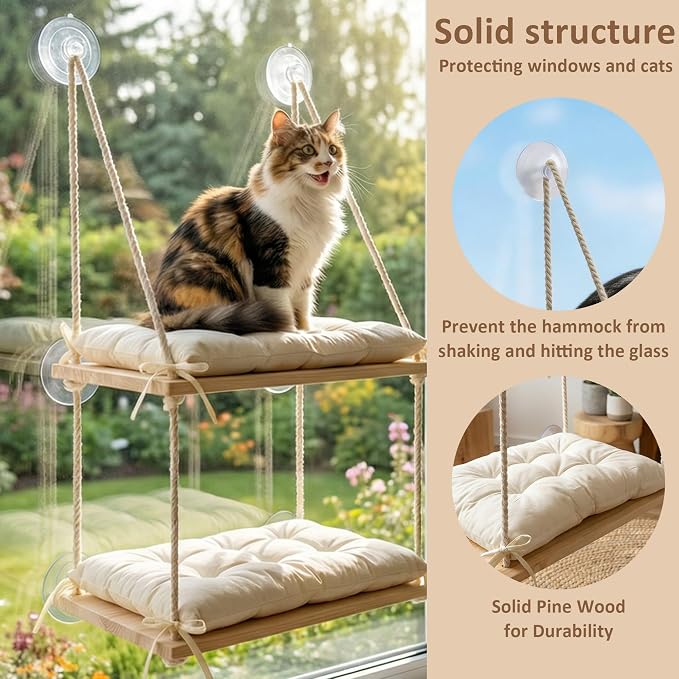 Cat Window Perch Wooden Cat Hammock Double Tier 8 Heavy-Duty Suction Cups | Dual-Tier, 50 LBS, Solid Pine Wood Platform, Washable Cushion, Tool-Free Installation, Space-Saving Comfort