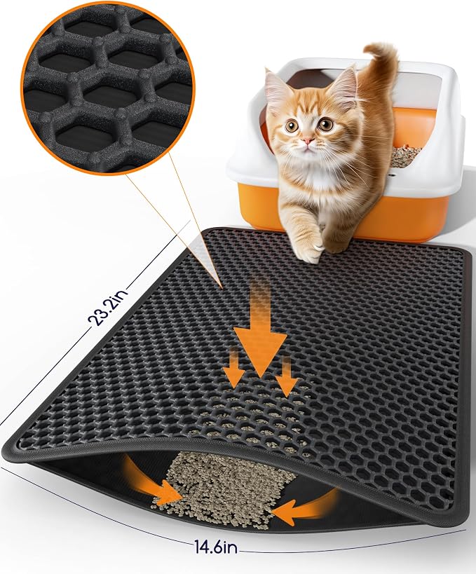 Powools Cat Litter Mat, Double-Layer, 23.2 x 14.6 in, Urine-Proof, Black | Non-Slip Litter Trapping Mat, Easy to Clean, Kitty Litter Mats for Floor, Scatter Control, Waterproof Litter Box Mat for Cats