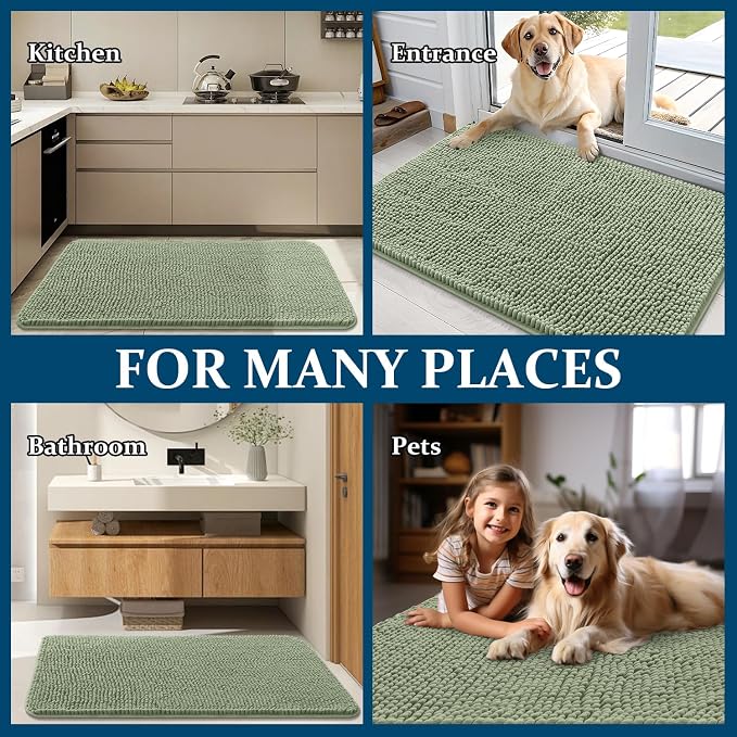 OLANLY Dog Door Mat for Muddy Paws 48x30, Super Absorbent Chenille Mud Mat | Sage Green, Absorbs Moisture and Dirt, Non-Slip Machine Washable Doormat, Quick-Drying Indoor Entryway Floor Carpet for Dogs