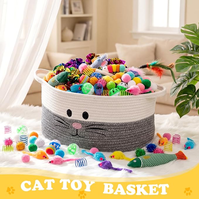 Leitee 15.2" X 10" X 8" 100 Pcs Cat Bed Storage Basket Gift Cat Variety Toys Set Cotton Rope Basket, Fish Mice Pet Bell Colorful Crinkle Balls Spring Toy for Kitten Swat Interactive (Basic,Grey,White)