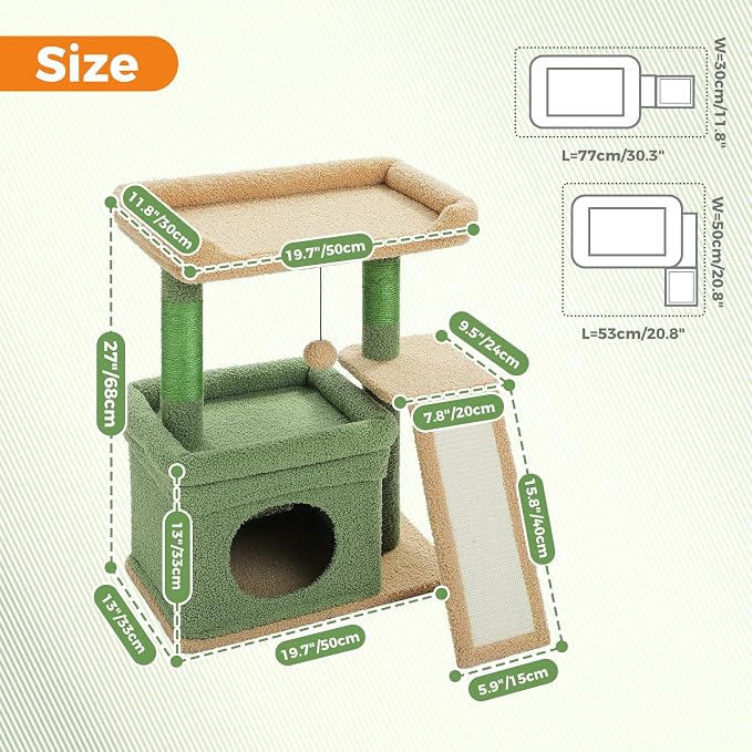 PEQULTI Cat Tree for Small Medium Cats, Green Cat Tower for Indoor Cats | Private cozy cat condo,soft top perch, natural sisal scratching posts & plush pom-pom toy