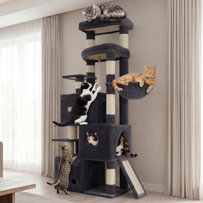 Heybly Cat Tree, 74-Inch Streamlined Cat Tower for Large Cats HCT061G | Cat Furniture with 3-Tier Stacked Condos, Large Perch, Sturdy Base, Full Sisal Scratching Posts & Ramp, Smoky Gray