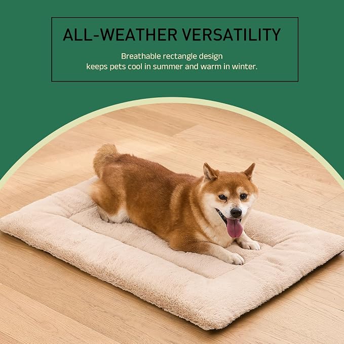 Washable Dog Crate Bed Mat for Medium/Large Dogs – All-Season Comfort with Ultra-Soft Flannel & Heavy-Duty Support (Cream, 36''L*23''W)