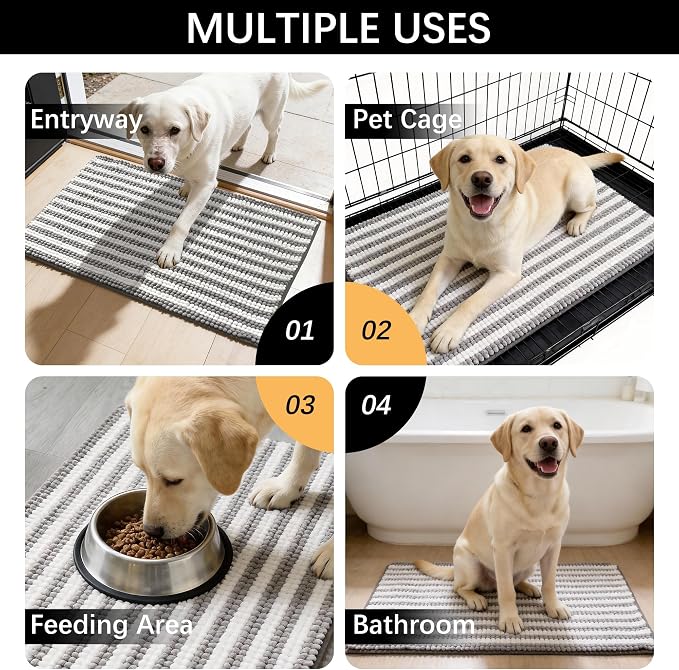 Dog Door Mat for Muddy Paws - Absorbent Quick-Dry Non-Slip Washable Chenille Pet Rug, Indoor Entryway Mat for Front Door & Crate (Gray, 36" L*24" W)