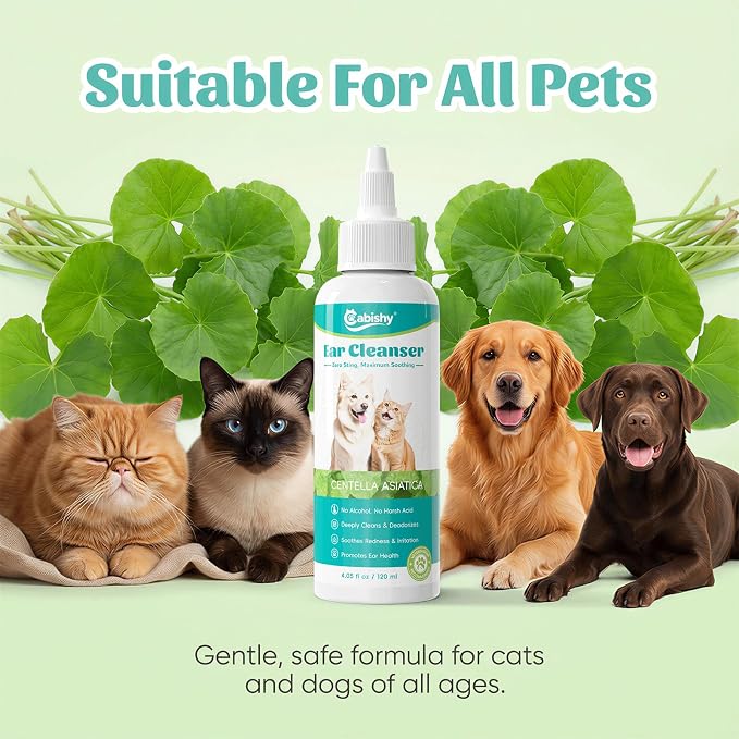 Cabishy Dog & Cat Ear Cleaner for Itchy, Smelly Ears – Gentle Ear Wax Removal & Soothing Ear Wash with Centella Asiatica, Alcohol-Free Pet Ear Cleaning Solution for Dogs & Cats (4oz)