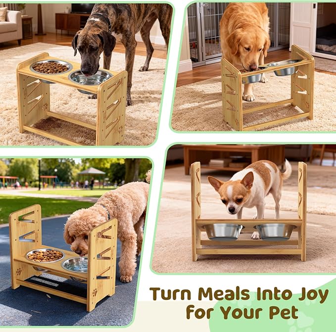 Elevated Dog Bowls, Adjustable Raised Dog Bowl Stand for Large and Medium Pet, 15" High Bamboo Pet Food Feeder with 2 Stainless Steel Dishes(6 Heights)