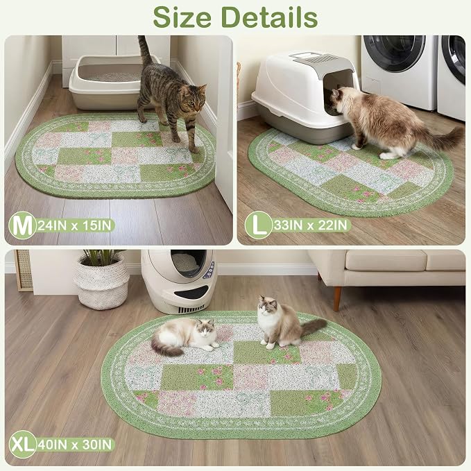 Bienbee Cat Litter Mat, 24" x 15" Litter Box Mat Rug with Non-Slip Bottom,Urine and Water Proof, Easy to Clean Cat Supplies Essentials for Indoor Kitty Kitten Floor, Green Floral Knot M