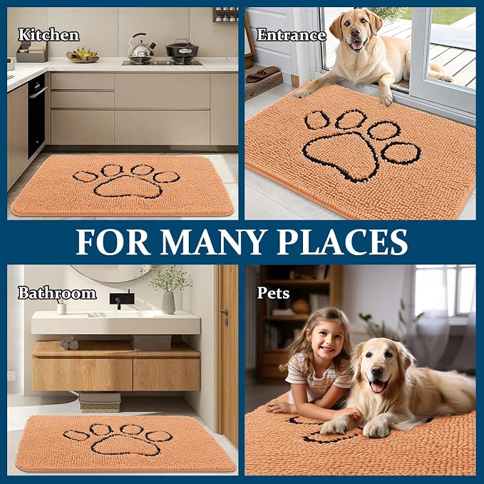 OLANLY Dog Door Mat for Muddy Paws 48x30, Paw Print Design Chenille Mud Mat | Orange, Absorbent, Traps Moisture and Dirt, Non-Slip Washable Doormat, Quick-Drying Indoor Entryway Floor Carpet for Dogs