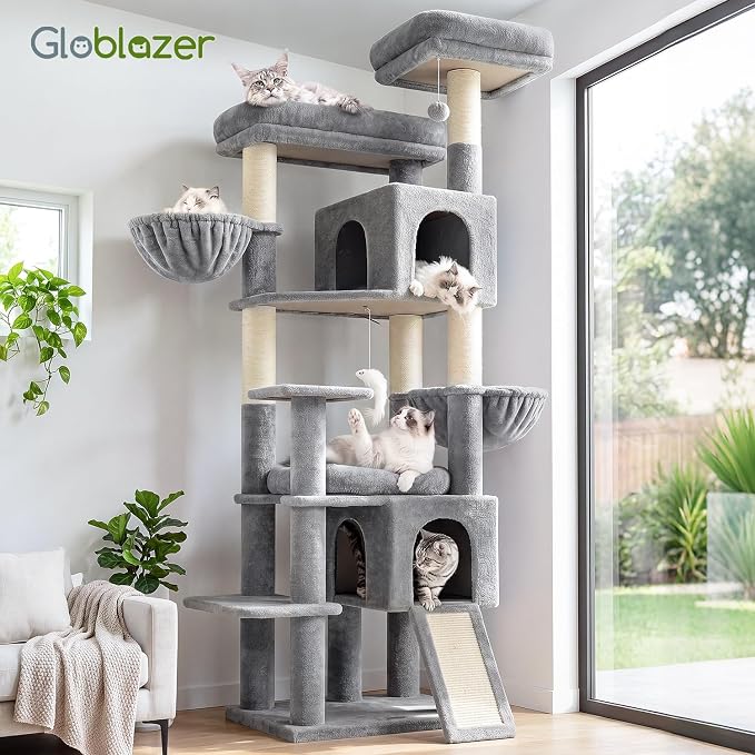 Globlazer Tall Cat Tree for Indoor Large Cats, 75 inch, F75C, Light Grey | Multi-Level Cat Tower, 2 Large Platforms, 2 Oversized Cat Condos, 5 Scratching Posts, Scratching Board, Removable Pet Bed