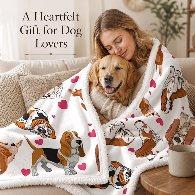BlessLiving 50x60 Sherpa Fleece Throw Blanket, Basset Hound | sherpa fleece. basset hound print; for couch, bed, or sofa.