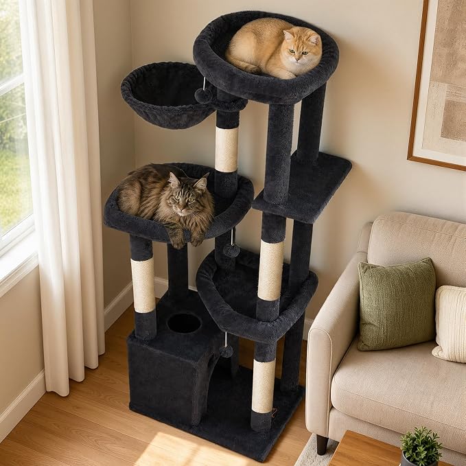 67in Cat Tree Tower for Indoor Cats, Multi-Level Dark Grey | Climbing Tower with 3 Large Platform, 4 Scratching Posts, Hammock, Large Condo for Multiple Cats, Modern Cat Tree Furniture
