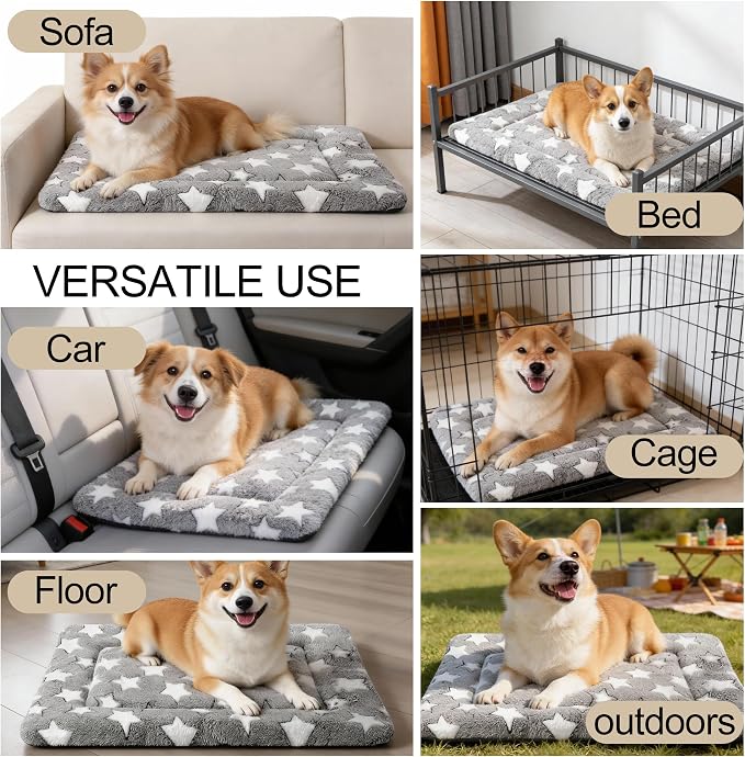 Dog Crate Mat, 4 Piece Reversible Pet Bed, Polyester, Machine Washable, Small Dogs & Cats, Rectangular (Gray Star, 24" L x 18" W x 1.5" Th)