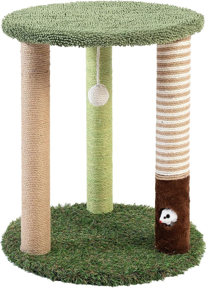 WOOCHPET 17" Small Cat Tree with Grass Base, 3 Sisal Scratching Posts & Top Perch, Cute Green Kitten Tower Platform, Small Cat Scratcher for Indoor Cats