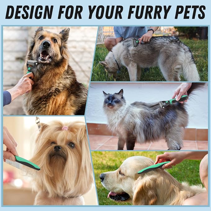 Docrok Pet Grooming Brush and Metal Comb Combo, Cat Brush Dog Brush for Shedding, Undercoat Rake for Dogs Grooming, Dematting Deshedding Brush Dogs Shedding Tool for Long matted Haired Pets, Green