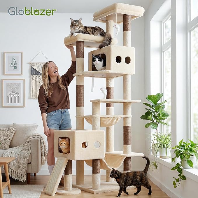 Globlazer 83inch Sturdy Multi-Level Tall Cat Tower, S83G, Beige | Extra Large Heavy Duty Cat Tree for Indoor Large Adult Cats Kittens with 2 Cat Condo, 8 Scratching Post, 2 Hammock