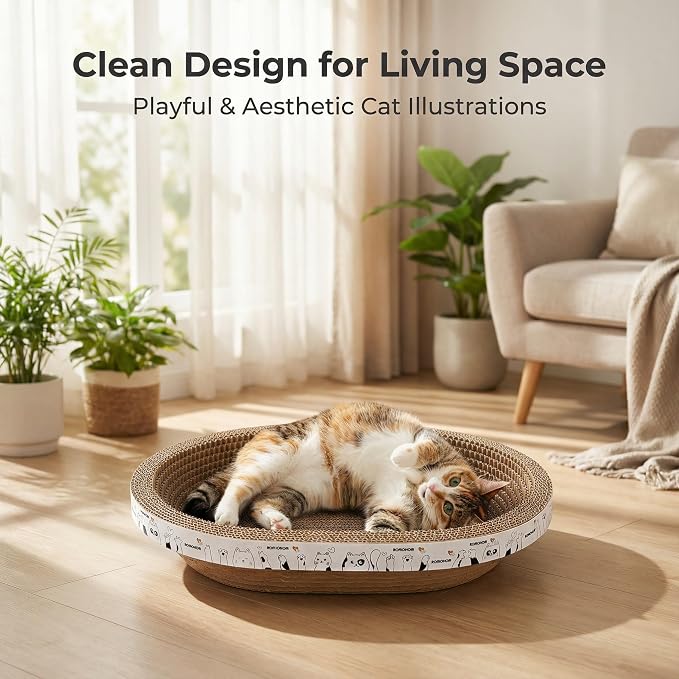 All-in-One Cardboard Cat Scratchers for Indoor Cats, Oval Cat Scratch Box & Lounger Beds Kitten Loves, Durable Cat Scratching Pads + Bonus Toys Couch Cat Scratch Protector