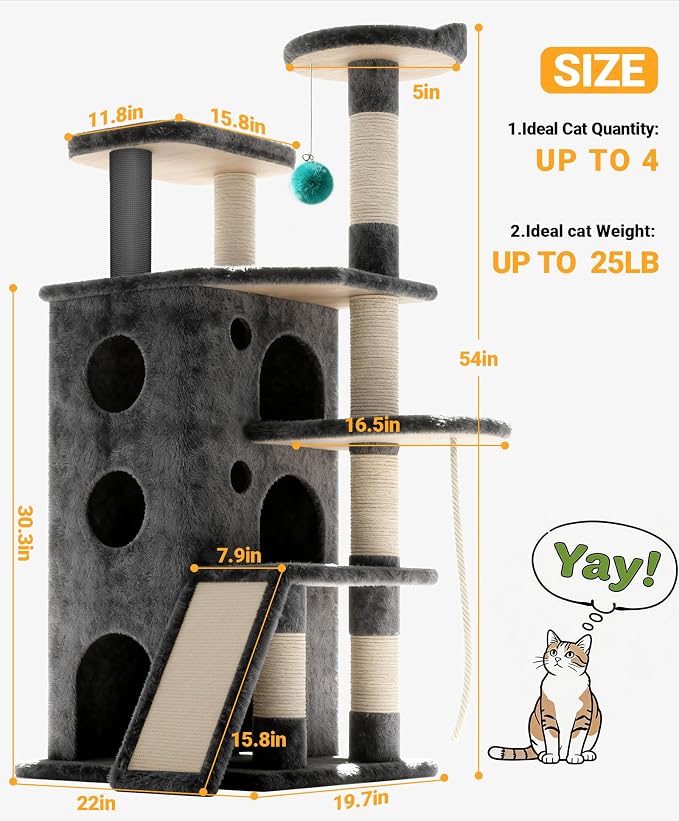 Eco-Wood Cat Tree Tower,ใTop Heavy Dutyใ Cat Tower for All Indoor Cats | Eco-Wood, 54โ Sturdy Cat Tower Bed with 6 Scratching Posts, Scratch rope, Scratcher, 3 Enlarged Cat Condos, Jumping Perches