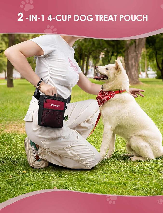 4 Cup Dog Treat Pouch with Silicone Insert Bag& Clicker(Red) | 2 Pair Magnetic Closures, Belt Clip/Waist Belt/Crossbody Wear, Zipper Pocket Poop Bag Holder for Pet Training/Daily Walking