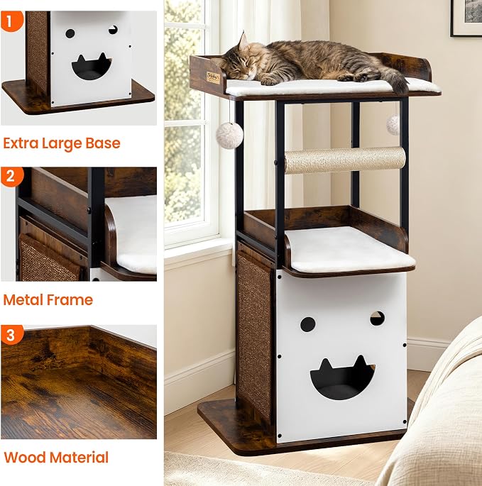 48in Wood Modern Cat Tree for Large Indoor Cats with Big Perch Bed | Multi-Level Climbing Design, Cat Cando, Sisal Scratching Posts and Board, Removable Washable Pads, Stable Rustic Brown