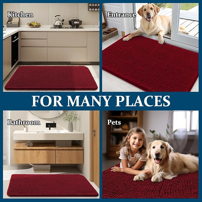 OLANLY Dog Door Mat for Muddy Paws 59x35, Super Absorbent Chenille Mud Mat | Red, Absorbs Moisture and Dirt, Non-Slip Machine Washable Doormat, Quick-Drying Indoor Entryway Floor Carpet for Dogs
