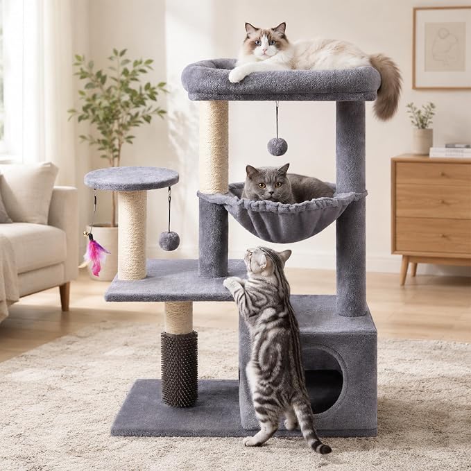 Multi-Level Cat Tree for Indoor Cats, Cat Tree Tower with Big Cat Hammock, Indoor Climbing Activity Tower with Scratching Posts, Grey