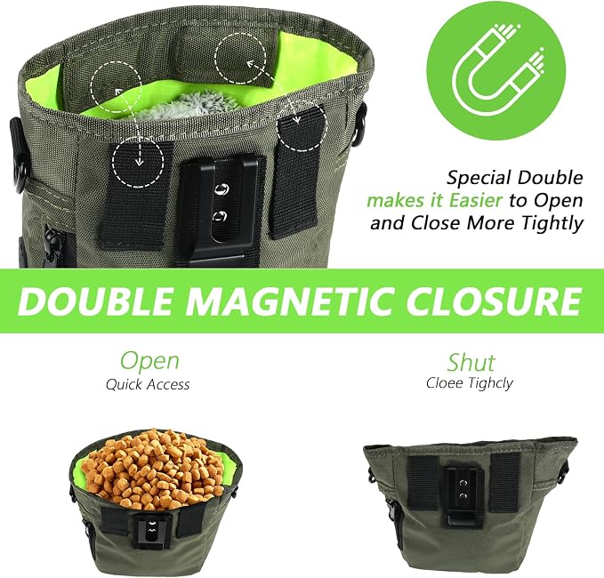 Dog Treat Pouch, Magnetic Closure, Dog Clicker- Green | Dog Training Treat Pouch, Large Size, Nylon Material, Magnetic Closure & Clicker, for Walking, Obedience & Outdoor Use