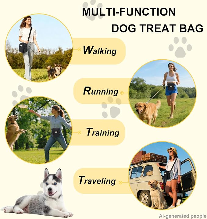 Dog Treat Pouch Open Top for Quick & Spill-Proof Access, Removable Pouch|Poop Bag Dispenser|3 Ways to Wear, Dog Treat Bag - Collapsible Bowl, Training Clicker & Poop Bag for Training & Walking-Black.