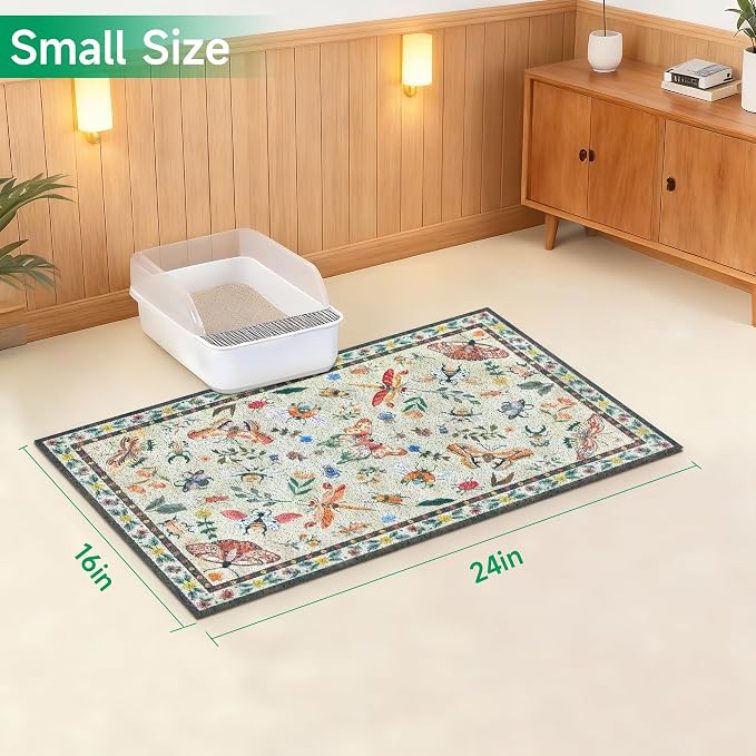 Cat Litter Mat, 24" x 16" Litter Mat, Traps 100% Litter, Non-Slip Litter Box Trapping Mat, Cute Decor Mat, Easy Clean for Scatter Control, Waterproof Urine Protection