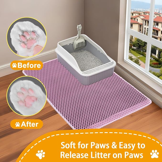 Cat Litter Mats,Cat Litter Box Mat 32"x22", 2 Layer Kitty Litter Mat,Llitterbox Mat,Waterproof Urine Proof, Clean Easily, Pink, Medium
