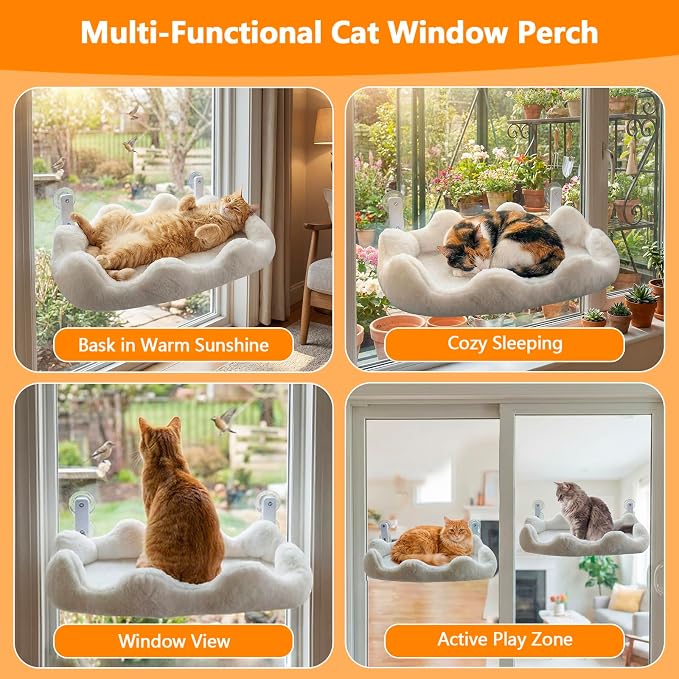 Homegroove Cat Window Perch, 24 x 12 Inch Foldable Cat Hammock for Window with 4-Sided Bolster & 4 Large Suction, Cloud Shape Cordless Window Bed for Indoor Cats (White, Large(24'' x 12''))