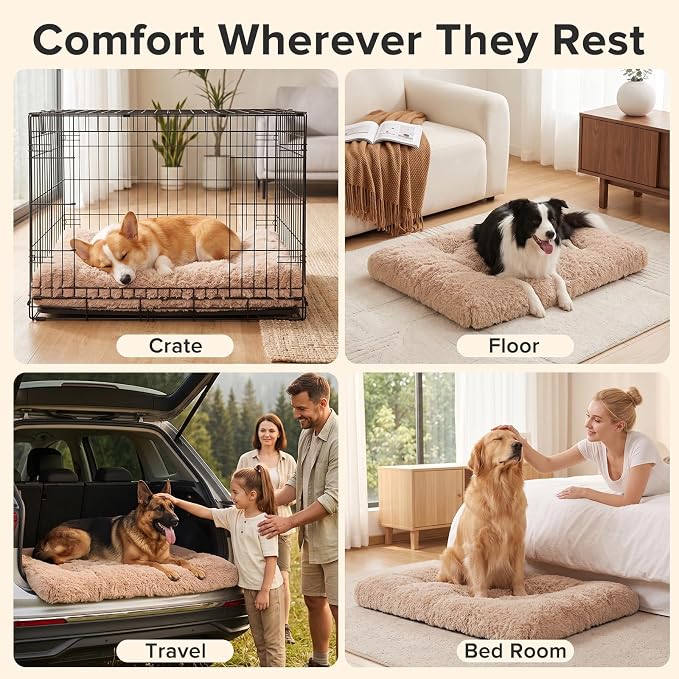 JOEJOY Dog Bed Crate Pad, Deluxe Plush Washable Dog Beds Fulffy Soft Kennel Pad Anti-Slip Pet Sleeping Mat for Small Dogs, 23" x 18", Beige