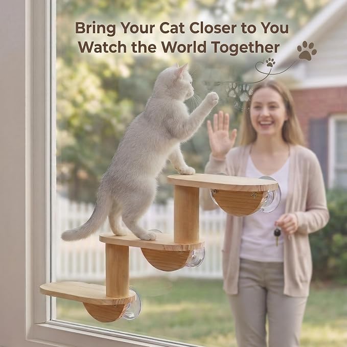 Cat Window Ladder, 3-Level Solid Pine Steps for Climbing and Bird Watching | Window-View Enrichment,Drill-Free,Hold Up to 40lbs, For Small to Medium Cats,Minimum 30 in Unobstructed Glass Width