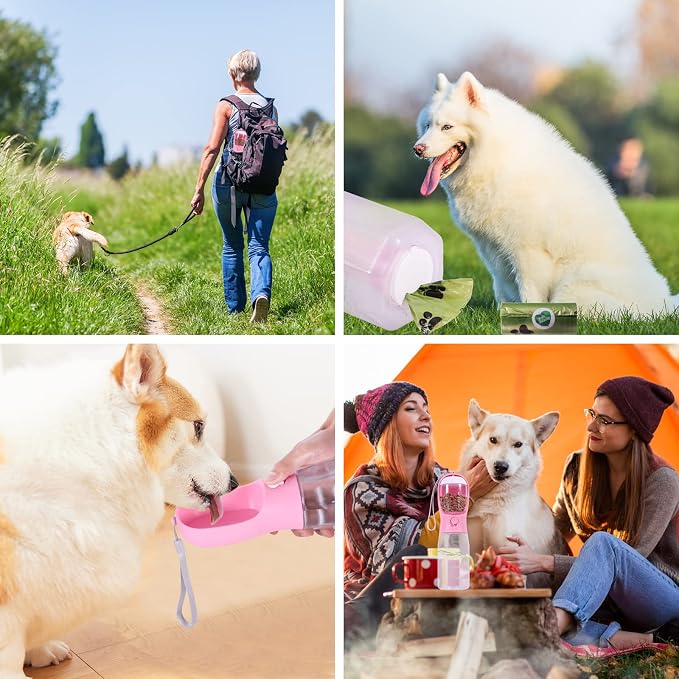 3-in-1 Portable Dog Water Bottle Dispenser,Crate with Food Container, Replaceable Waste Bags,Dog Stuff Accessories Items, Puppy Essentials Necessities,for Walking&Hiking (20oz-Pink)