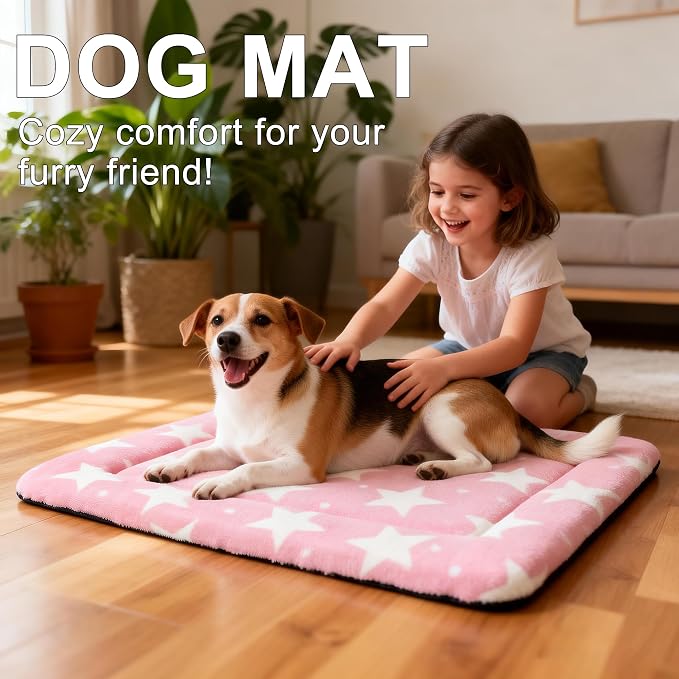 Dog Bed Mat – Soft & Comfortable Dog Kennel Pad for Crate – Durable Crate Bed & Mat for Dogs & Cats – Ideal for Crate, Kennel, and Home Use (Big&Little Stars Pink, M(30"*20"*1.5"))