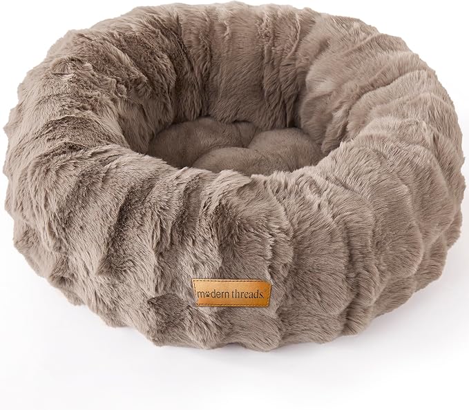 Modern Threads Calming Donut Dog Bed for Small Dogs, Plush Round Faux Fur Pet Bed with Raised Bolster, Soft Washable Dog Bed, 24x24x9, Taupe
