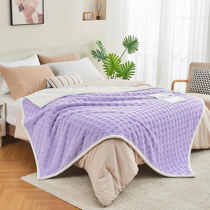 Checkered Waterproof Blanket for Bed Couch Sofa Car, Fluffy Soft Dog Blanket with 3D Jacquard Grid Pattern, Reversible Leakproof Pet Blankets for Dogs Cats Puppies, Lilac, 60"x80"