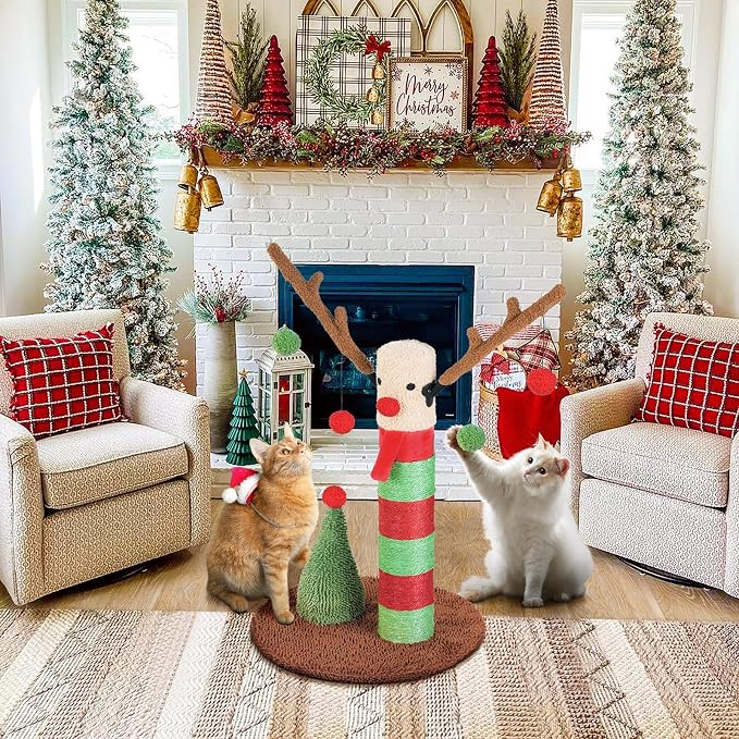 BOLUO Christmas Cat Scratching Post Deer Cat Trees for Adult Cats Scratcher Cute Toy Kitten Kitty Sisal Scratch with Teaser Ball Indoor 25 inch