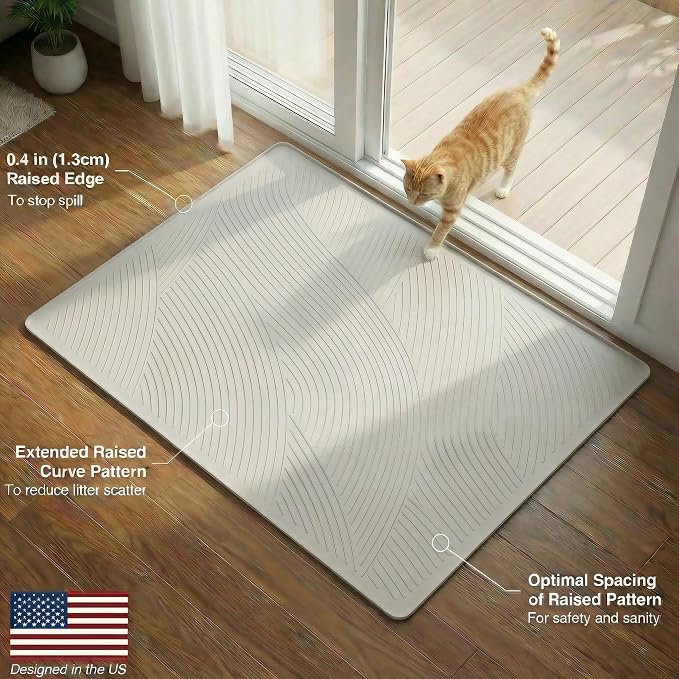 Cat Litter Box Mat - XL Extra Large Size 40 x 30 in, Water Proof, Kitty Litter Trapping Mat, Easy to Clean, Scatter Control, Odorless, Pet Supplies for Indoor Cats, Beige Gray