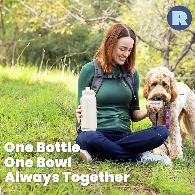 Dog Water Bottle for Dog Lovers - 32 oz Stainless Steel Double Wall Insulated Water Bottle with 8 oz Detachable Bowl on Bottom for Doggy Lovers for Hiking, Walks, Travel - Cream