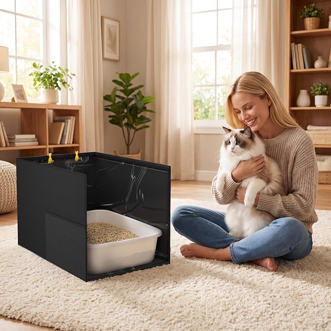 Aokeyee Black High Side Cat Litter Box Enclosure Splash Guard | All-Inclusive Waterproof, 27.16x21.65x16.53, Foldable Anti-Leakage Dust Control