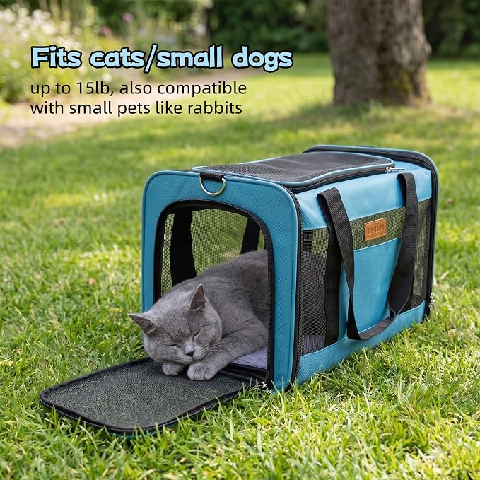 YUNIQUE Soft-Sided Cat & Dog Carrier for Pets Up to 15 Lbs, Airline Approved Collapsible Travel Puppy Carrier with Lightweight Fabric Design (Blue)
