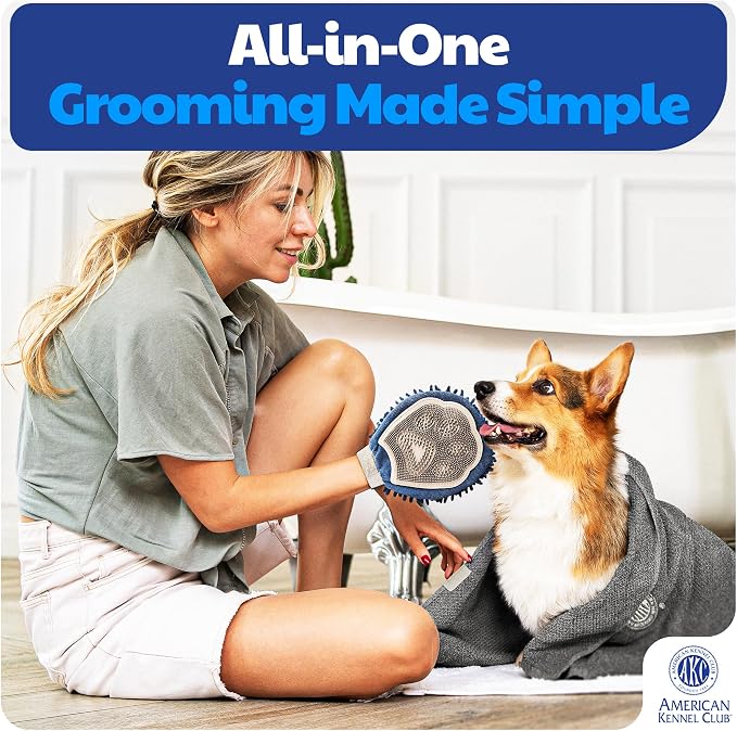 AKC 2-in-1 Dog Grooming Glove & Quick-Dry Towel, Silicone Bristles | Dual-sided bathing and brushing tool supports shedding, massaging and coat care for dogs of all sizes.