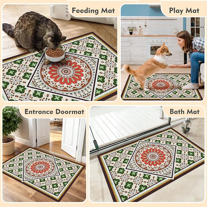 Bohemian Kitty Litter Mat 24"x17",Non-Slip Litter Box Mat, Washable Cat Litter Rug Catcher,Double-Layer Litter Trapping Mat for Scatter Control, Easy Clean Cat Food Mat & Floor Protector
